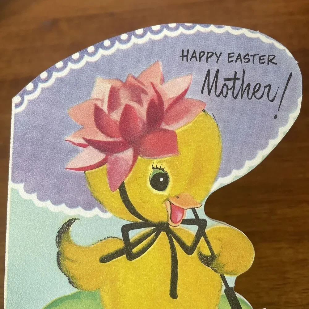 Vtg Rust Craft Duck Spring Flocked Happy Easter Mother Greeting Card